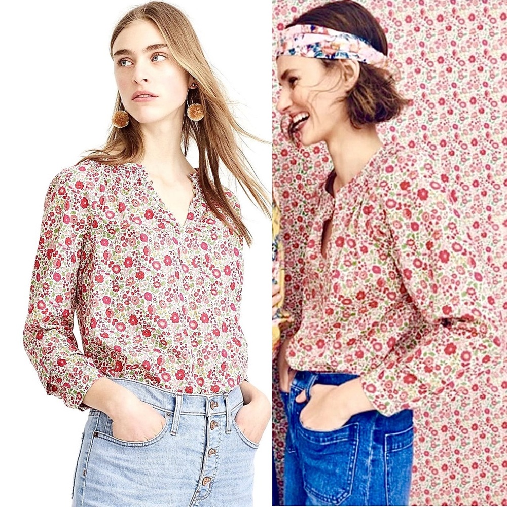 JCrew Peasant Blouse Liberty D'anjo Floral Popover Shirt Top Red White Pink 10 - Picture 4 of 16